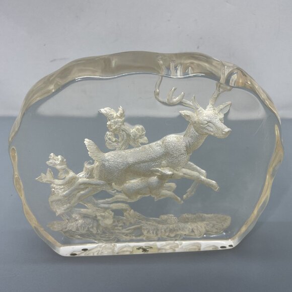 Vintage Deer Fawn Etched Sculpture Block Clear Lucite Acrylic Plastic Collection - Picture 7 of 13